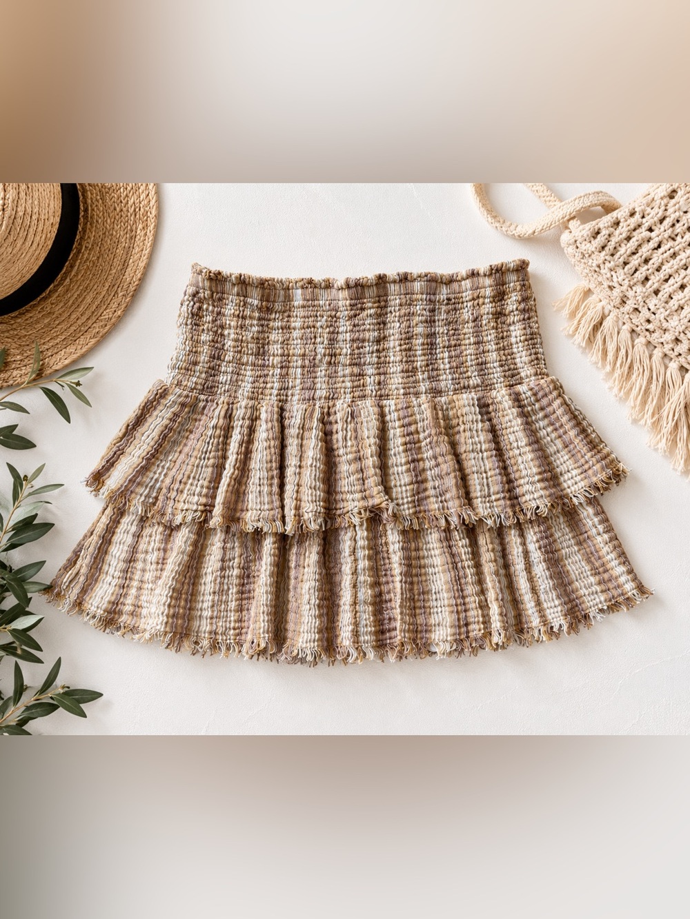 Aerie Smocked Tiered Mini Skirt Small Neutral Stripe Boho Ruffle Fringe Hem